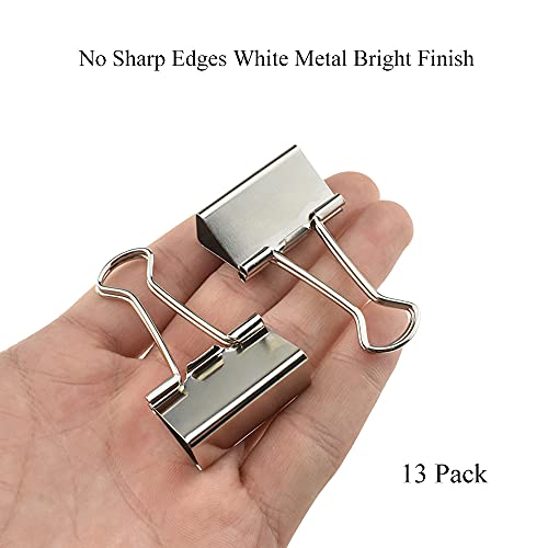 HAHIYO Binder Clips Paper Clamps Spring Steel Sturdy Medium 1.26 inches Width 0.39 Inch Capacity No Sharp Edges Heavy Duty Tight Grip Reusable Silver Metal Bright Finish for Home Office School 13 Pack - size: Silver1.26in-13P
