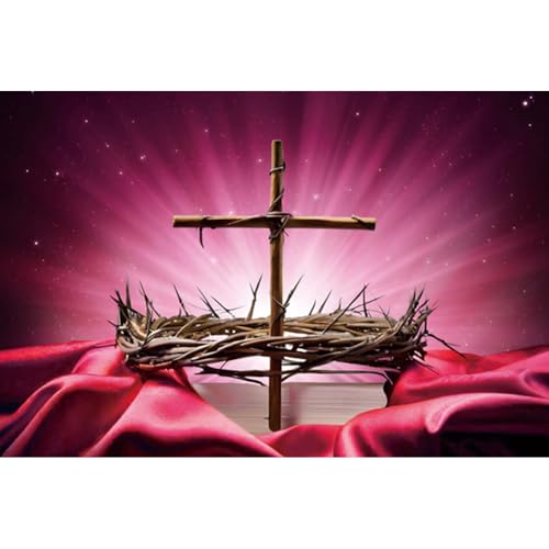Generic 7x5ft Church Backdrop: Red Cross Crucifixion of Jesus, Crown of Thorns, First Communion, Easter, Christian Event Decoration - color: Red