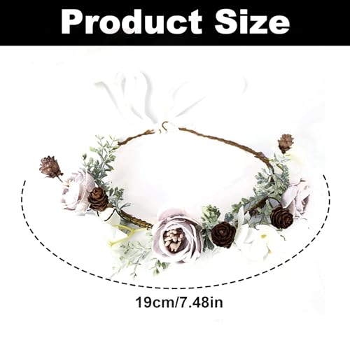 Vintange Flower Headband, Purple Flower Pine Cone Wreath, Women Boho Headpiece, Floral Crown for Bridal Wedding Party Festivals Photo Props