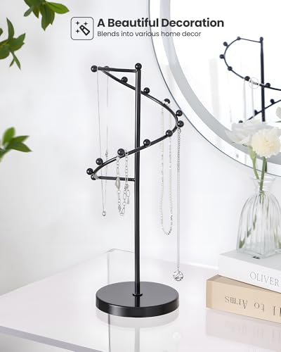 Lolalet Necklace Stand with 11 Hooks, Helix-shaped Jewelry Organizer Metal Rack Long Necklaces Hanging Display Holder Round Base Antique Jewelry Bracelets for Girls Women Wife -Black - color: Black