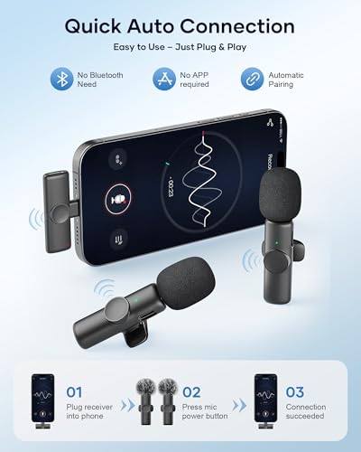 Wireless Microphone for iPhone iPad and Android Phone, 2 Pack Wireless Lavalier Lapel Mic with Noise Reduction, Plug and Play Mini Microphone for Video Recording Interview Podcast YouTube TikTok Vlog - color: Black, size: Without Case