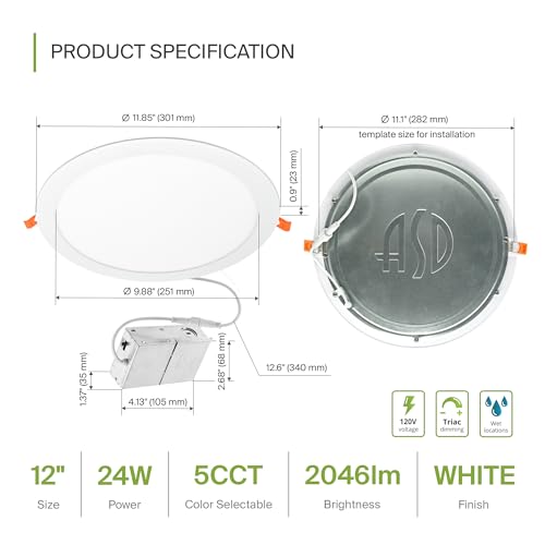 ASD 1 Pack 11/12 Inch LED Recessed Lighting 24W, 5 CCT 2700K-5000K CRI90+, IC Rated Ultra Thin Dimmable Ceiling Lights with J Box, Canless Wafer Downlight, Round Slim Panel Light, UL Listed, White - color: White, size: 12 Inch 1 Pack
