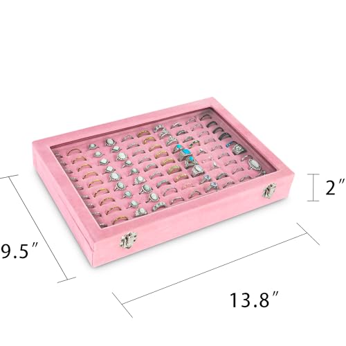 Frebeauty Ring Organizer Tray 100 Slots Ring Holder with Clear Lid Velvet Storage Box Jewelry Tray for Jewelry Store Earring Display Case for Jewelry Show Studs Box for Women(Pink) - color: Pink