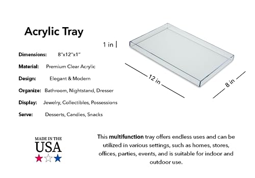 Clear Acrylic Organizer Tray, 8 x 12 Low-Profile Display & Vanity Tray – BPA-Free, Bathroom, Desk, Decor & Serving (Dry Use Only) - Made in USA - size: 8" x 12" x 1"