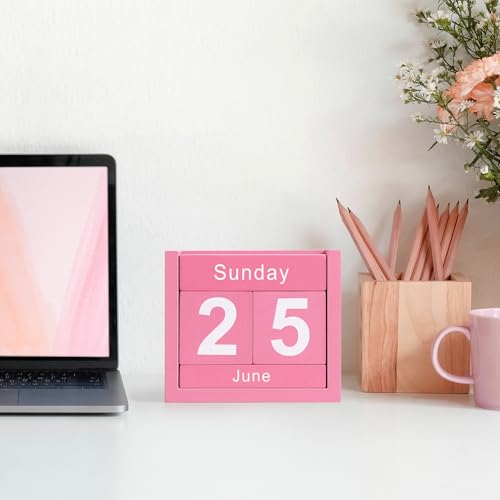 Wooden Block Calendar for Desk, Daily Desktop Perpetual Desk Calendar, Cute Date Display Blocks Desk Accessory for Home Office Decor, Teacher, Classroom, Reusable Yearly, Pink - color: Pink