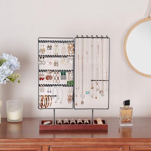 ProCase Jewelry Organizer Stand Earring Holder Organizer, 6 Tiers Earring Organizer Tree Necklace Rack Jewellery Tower Bracelets Holder Storage with Removable Wooden Ring Tray for Women Girls -Black - color: Black
