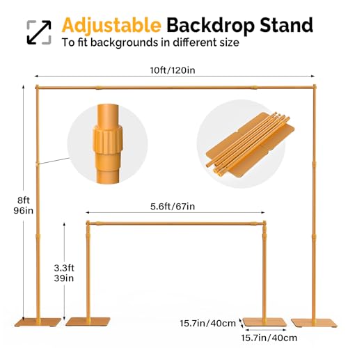ShowMaven Backdrop Stand, 8x10 ft Adjustable Photo Backdrop Stand Kit, Heavy Duty Background Stand with Steel Base for Photography, Baby Shower, Birthday Parties, Wedding (Golden) - color: Golden