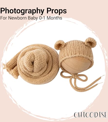Baby Photography Props Infant Boy Girl Outfits - Crochet Knit Mohair Wrap Blanket & Bear Hat for Newborn Photo Shoots(Beige) - color: Beige