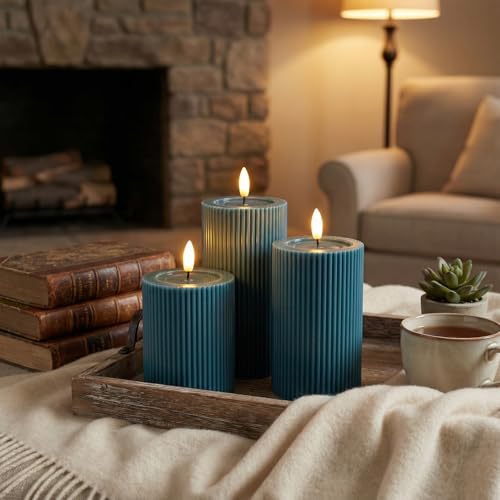 Fluted Ribbed LED Pillar Candles, Blue, with Realistic Reflective Melted-Wax Effect – Flickering Flame, Remote, Dimmable, Flameless, Battery Operated, Home & Wedding Decor (Set of 3) - color: Blue