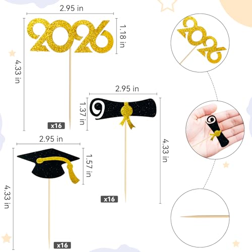 2026 Graduation Cupcake Toppers 48 Pack, Pre-Assembled Food & Appetizer Picks, Black Gold Grad Cap & Diploma Cupcake Decorations for Graduation Party - color: Black and Gold