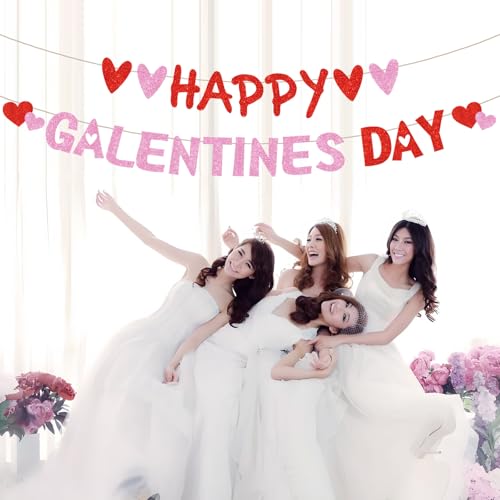 Happy Galentine’s Day Decorations Pre-Assembled Red Glittery Heart Banner Valentines Day Sign Ladies Girls Birthday Party Photo Prop Supplies