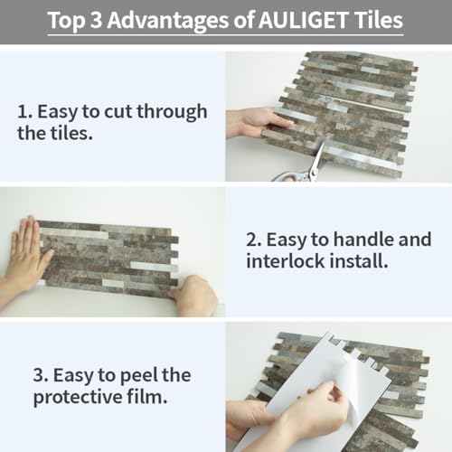 AULIGET 2 Sheets Beige & Brown Slate Peel and Stick Backsplash, PVC Mixed Metal Silver Wall Tile Stick on Backsplash for Kitchen and Bathroom - color: Beige & Brown Slate + Metal Silver, size: 2 Sheets, 6"x12"x0.12"