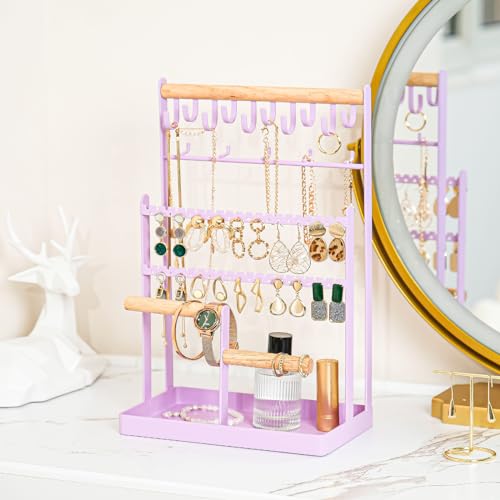 ProCase Jewelry Organizer Stand Necklace Organizer Earring Holder, 6 Tier Jewelry Stand Necklace Holder with 15 Hooks, Jewelry Tower Display Rack Storage Tree for Bracelets Earrings Rings -Purple - color: Purple