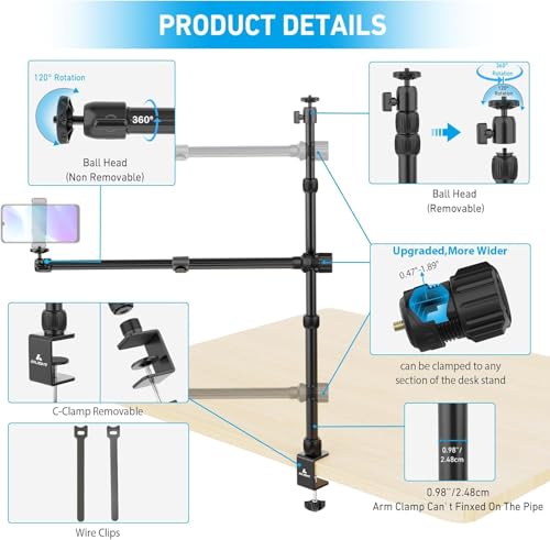 Ailight Overhead Camera Mount Desk Stand, 15.75"-33.45" Webcam Mount with 2-Section Adjustable Telescopic Boom Arm, C Clamp/Swiveling Ball Head for DSLR Camera, Ring Light, Webcam