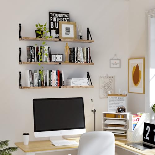 Floating Book Shelves Set of 3, Wall Bookshelf, 33 inch Long Wood Shelf for Wall Storage, Hanging Shelving for Bedroom, Bathroom, Living Room, Kitchen, Office and Plants (Light Brown) - color: Light Brown, size: 33Lx6W