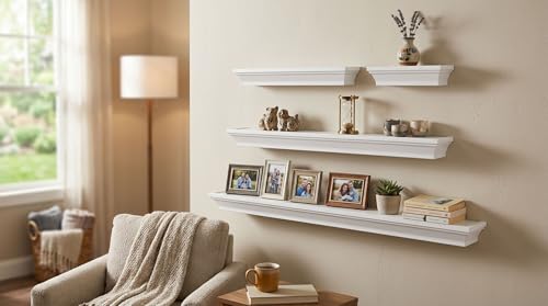 MELANNCO Floating Wall Shelves Set of 4, White Wood Display Shelves for Wall, Includes 6, 12, 20 and 24 Inch Sizes with Raised Edges and Mounting Hardware for Room Decor, Home Decor - color: White, size: Set of 4 (24, 20, 12, 6 Inch), style: Arlington
