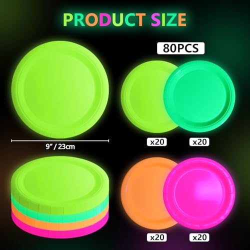80 PCS Glow In The Dark Plates Neon Party Decorations, 4 Colors Neon Paper Plates Birthday for Glow Birthday Supplies Let's Glow Party Decorations, 9 Inch (80)