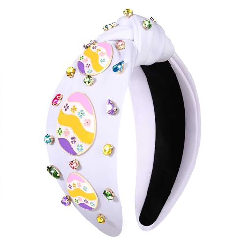 NVENF Easter Headband for Women Beaded Easter Rabbit Bunny Headband White Pink Crystal Pearl Knotted Hairband Happy Easter Hair Accessories Spring Holiday Headwear Outfits Gifts (Easter Egg-White) - color: Easter Egg-White