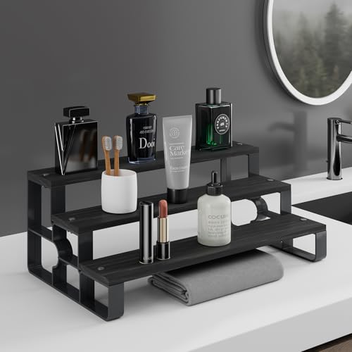GRELY Waterproof Wooden Perfume Cologne Organizer for Men, 3 Tier 14 Inch Extra Wide Stand with ABS Frame, Anti-Slip for Dresser Bathroom(Black, 3 Tier 14.0") - size: 3 Tier 14.0"