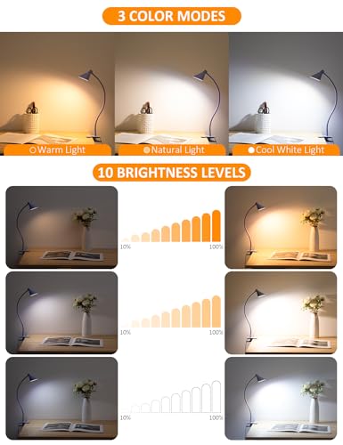 LiFMIRA Desk Lamp Clip on Lamp for Bed Headboard LED Reading Light for Bed, 3 Colors 10 Dimmable Brightness, Book Light for Reading in Bed Flexible Neck Clip on Light Clamp Lamp for Bed Desk(Purple) - color: Lilac Purple