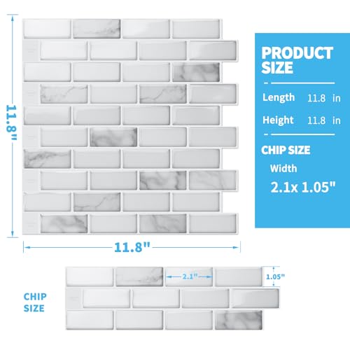 Art3d 10-Sheet Peel and Stick Backsplash Tile in White Marble, Self-Adhesive Wall Tiles Stick on Kitchen Laundry Room RV Renter - 12 x 12 Inch - color: White Marble