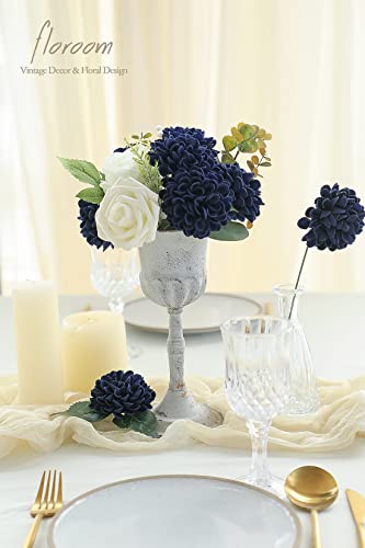 Floroom Artificial Dahlia Flowers 25pcs Real Looking Navy Blue Foam Fake Roses with Stems for DIY Wedding Bouquets Bridal Shower Centerpieces Floral Arrangements Party Tables Home Decoration - color: Navy Blue