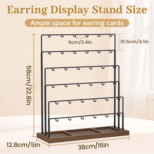MODOWEY Earring Holder Organizer Display Rack for Vendor, 6 Tier Earring Card Tree Hanger Stand with Wood Tray for Women Selling, 36 Hook Metal Countertop Storage Tower for Clear Visibility, Black - color: Brown-Black