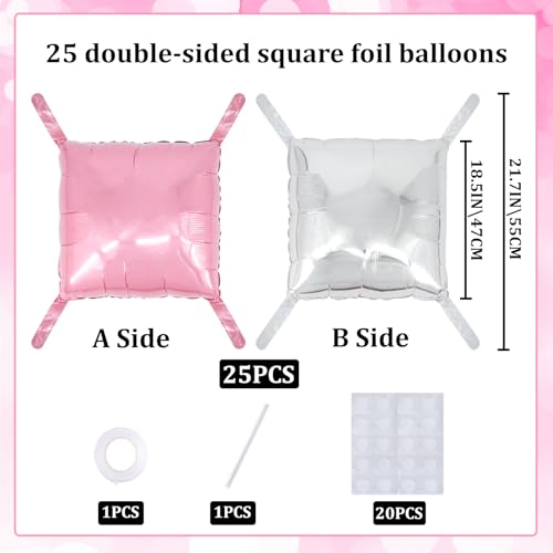 square aluminum foil Balloon Wall Backdrop, 25 pieces Pink and silver double-sided Balloon Arch Kit, suitable for theme parties, weddings, anniversaries and other celebration decorations - color: Pink.silver