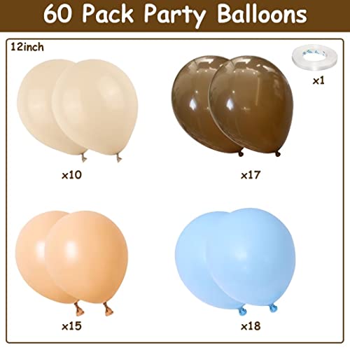 Blue and Brown Balloons, 60 PCS Pastel Macaron Blue White Sand Nude Brown Latex Balloons Set, Light Baby Blue Cream Beige Apricot Coffee Party Balloon for Teddy Bear Birthday Baby Shower Decorations - color: Blue Brown