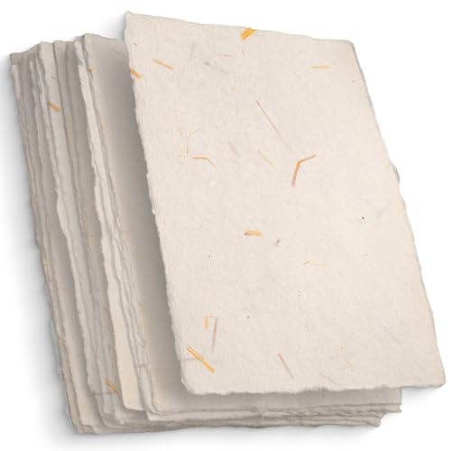 Wanderings Cream A5 Handmade Deckled Edge Cotton Paper - Cold Pressed Texture - Paint, Watercolor, Writing, Printer, Cards, Invitations, Menus, Arts and Crafts. 50 Pack 150gsm - 5.8" x 8.3" - color: Ivory with Straw, size: A5