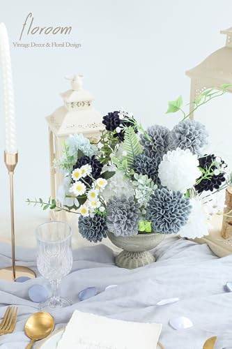 Floroom Artificial Dahlia Flowers 25pcs Real Looking Blue Shades Foam Fake Roses with Stems for DIY Wedding Bouquets Bridal Shower Centerpieces Floral Arrangements Party Tables Home Decoration - color: Shades of Blue