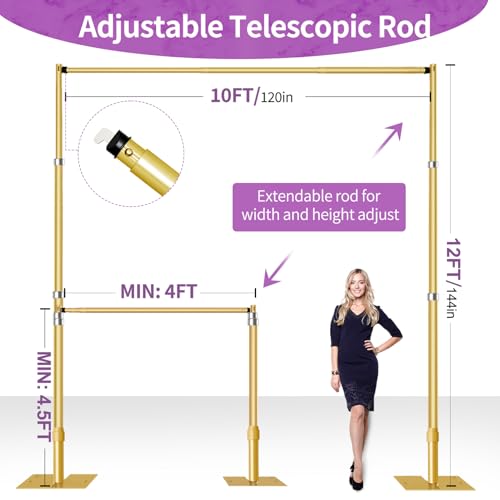 12x10 Pipe and Drape Stand Kit, Heavy Duty Backdrop Stand Adjustable, Sturdy Metal Back Drop Decoration Frame with Flat Base for Parties, Flower Wall, Wedding, Event,Trade Shows, Photo Shoot- Gold - color: Gold, size: 12ftx10ft