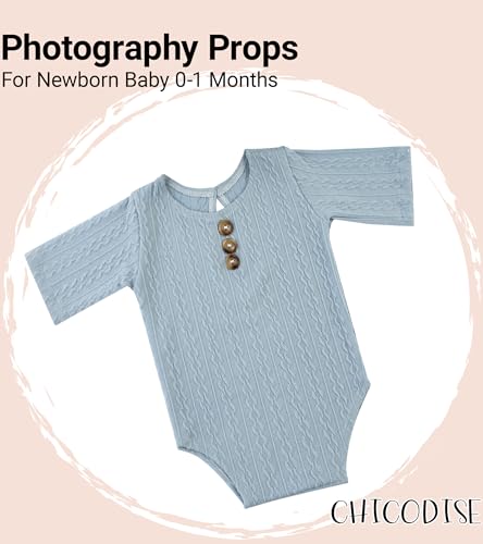 Newborn Photography Props, Infant Photoshoot Outfit Romper & Pom Pom Hat for Baby Boys Girls - color: Light Blue