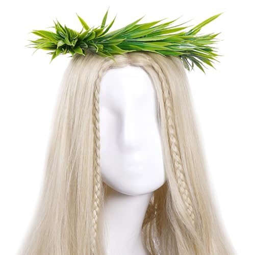 Hawaiian Leaf Lei Crown Headband - Artificial Tropical Green Leaves Headpiece for Girls Women Hawaii Decor Beach Luau Party Costume Accessories - color: Green