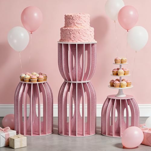 4PCS Cylinder Stands for Party, Pink Golden Cylinder Pedestal Stand, Cilindros Para Fiestas Cake Table Stand for Parties Plant Stand Cylinder Tables for Parties Round Cylinder Stands for Party - color: Pink Golden