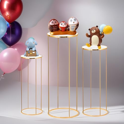 3PCS Cylinder Pedestal Stands for Parties, Gold Metal Plant Round Cylinder Stands for Party Flowers, Display Columns Pedestal Stand Cylinder Tables for Vases Birthday Party Backdrop Decorations
