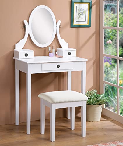 Roundhill Furniture Moniya White Wood Vanity Table and Stool Set (3415WH) Medium - color: White