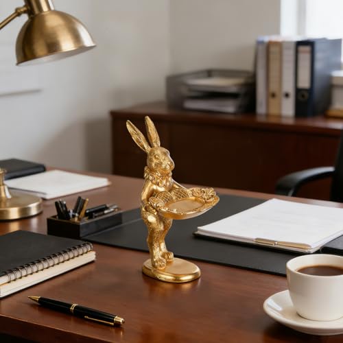 Garneck Gold Bunny Statue Decor: Retro Rabbit Figurine with Oval Plate Jewelry Trinket Dish Ring Tray for Earrings Necklace Bracelet Keys Desktop Nightstand Easter Home