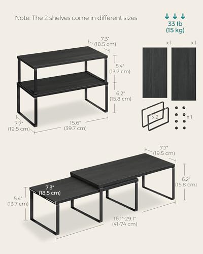 SONGMICS Cabinet Organizer Shelf, Set of 2 Kitchen Counter Shelves, Kitchen Storage, Spice Rack, Stackable, Expandable, Metal and Engineered Wood, Ink Black and Charcoal Black UKCS025B01 - color: Ink Black + Charcoal Black, size: 15.6"W