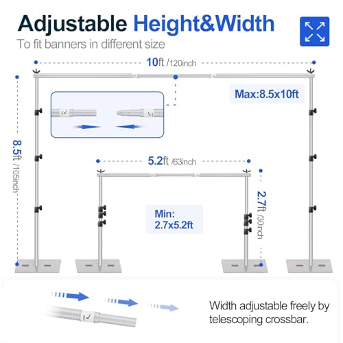 EMART Backdrop Stand, 8.5x10ft Width Adjustable Photography Background Support Poles with Heavy Duty Flat Base, Photo Metal Steel Pipe and Drape Frame Kit for Parties Birthday Wedding - Silver - color: Sliver, size: 8.5x10ft