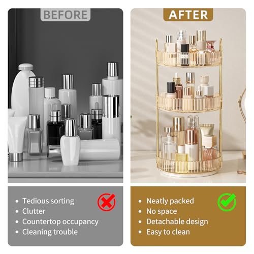 360° Rotating Makeup Organizer, Large Capacity Skincare Organizer, 3 Tier Cosmetic Skin Care Perfume Dresser Organizer, Fits Cosmetics, Perfume, Skin Care, Lipstick - color: Golden, size: 3 Tier