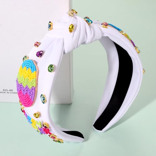 NVENF Easter Headband for Women Beaded Easter Rabbit Bunny Headband White Pink Crystal Pearl Knotted Hairband Happy Easter Hair Accessories Spring Holiday Headwear Outfits Gifts (Easter Egg A) - color: Easter Egg A