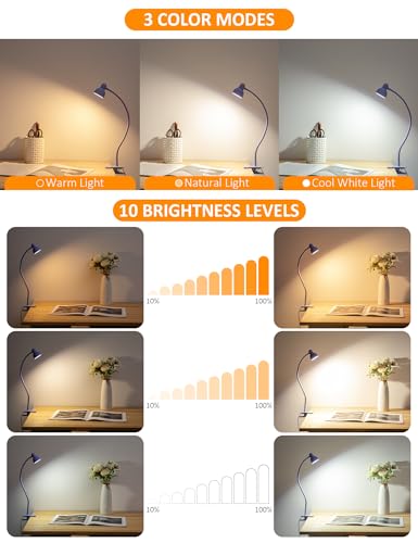 LiFMIRA Clip on Lamp USB Reading Light, 3 Color Modes, 10 Brightness Dimmable, Flexible Gooseneck Desk Lamp with Clamp, Eye Care Clip on Light for Bed Headboard Desk Home Dorm - color: Lilac Purple