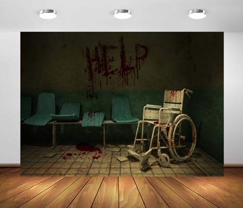 5x3ft Fabric Abandoned Hospital Backdrop Horror Bloody Halloween Backdrop Horror Creepy Hospital Corridor Photography Backdrop Halloween Backdrop Decoration Photo Studio Props - size: 5x3FT