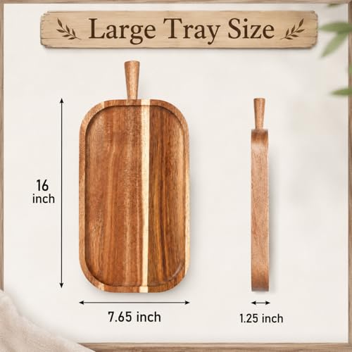 Acacia Wood Serving Board with Handle Rectangular Charcuterie Tray Acacia Dinner Platter with Natural Grain Finish Mom Gift for Food Meat Bread Appetizer Snack(16''l X 7.65''w X 1.25''d) - size: 16" x 7.7" x 1.3"
