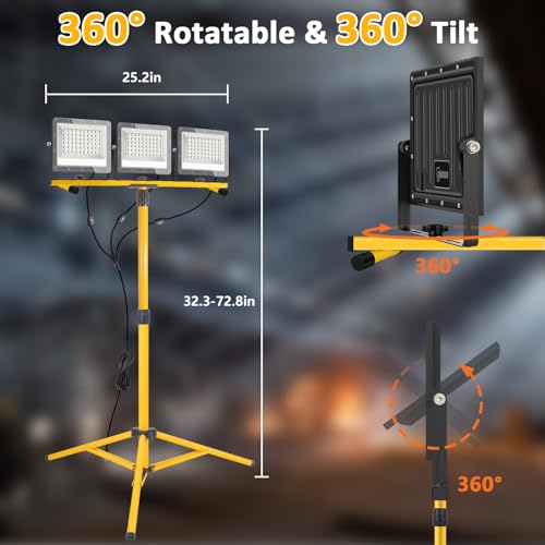 27000 Lumen LED Work Lights on Stand - 3 Head Portable Tripod Work Light- IP65 Waterproof Construction Lights with Stand for Outdoor Indoor Job Site Workshop Garage Commercial Flood Light with Stand - size: 27000lumen