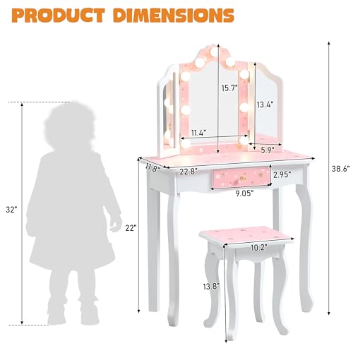 Nromant Kids Vanity Set, Princess Toddler Makeup Vanity with Mirror and 3-Color LED Lighted, Wooden Kids Vanity Table and Chair Set with Drawer for Little Girls - color: Pink With Lighted