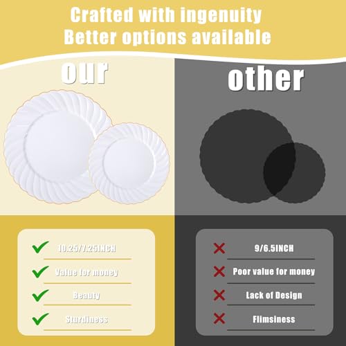U-QE 60 Pcs White Plastic Plates with Gold Rim – Fancy Scalloped Plates Disposable - Premium Hard Plastic Plates Include 30 10" Dinner & 30 7" Dessert Plate for Party & Mother's Day - color: Gold