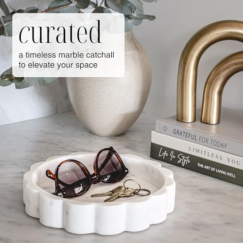 STRONA White Scalloped Marble Tray - 8" Round Stone Vanity Tray for Perfume & Jewelry, Marble Dish for Bathroom Countertop & Kitchen Counter, Decorative Tray for Bathroom & Kitchen, Modern Catchall - color: White