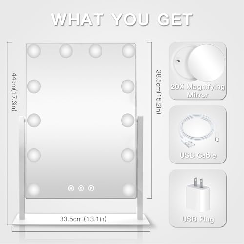 HIEEY Hollywood Makeup Mirror with 12 Dimmable Bulbs Lights, Three Color Lighting Modes, with 4in 20X Magnification Mirror, Smart Touch Control, 360°Rotation (White,Gift Box) - style: 17.3"L x 13.1"W (with 20X Mirror)